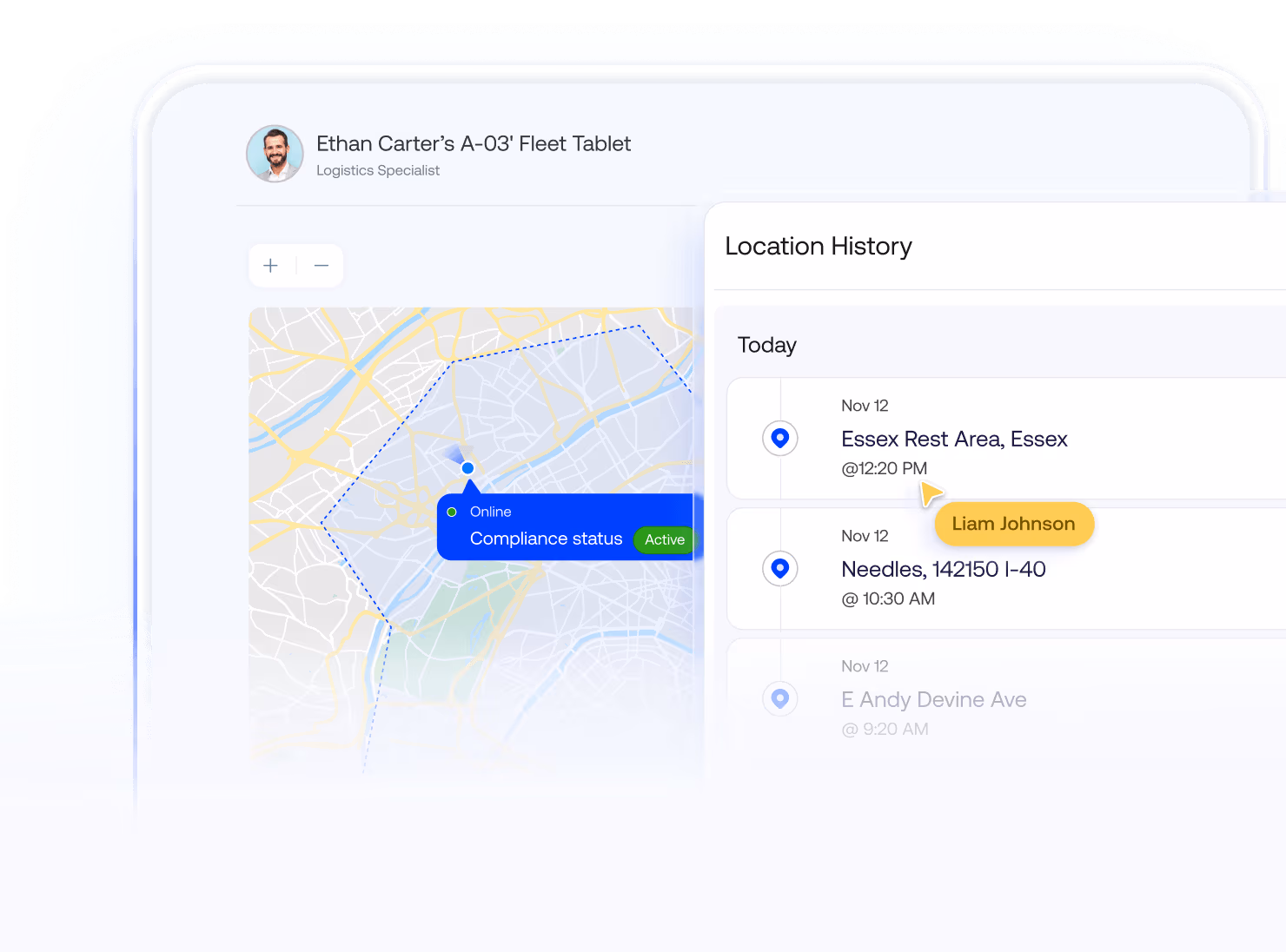 Android device tracking dashboard showing an MDM live location history map, active geofencing parameters, and GPS fleet tracking software.