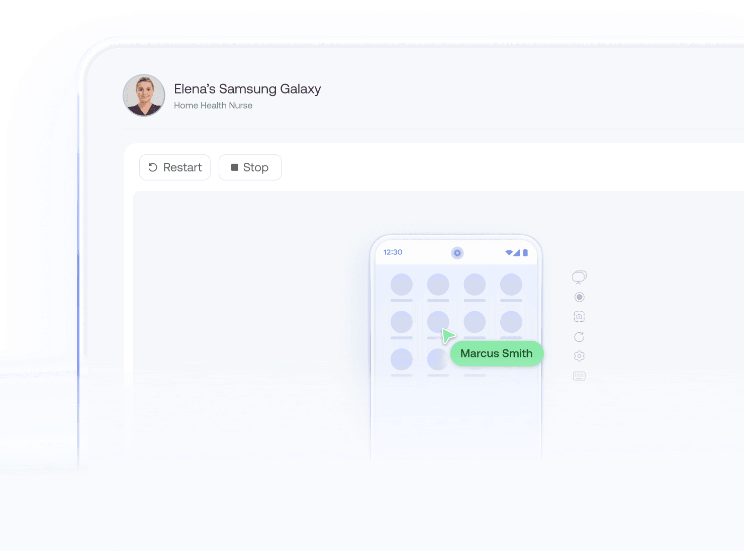 Android remote control MDM dashboard illustrating remote troubleshooting software, real-time screen mirroring, and mobile endpoint support diagnostics.