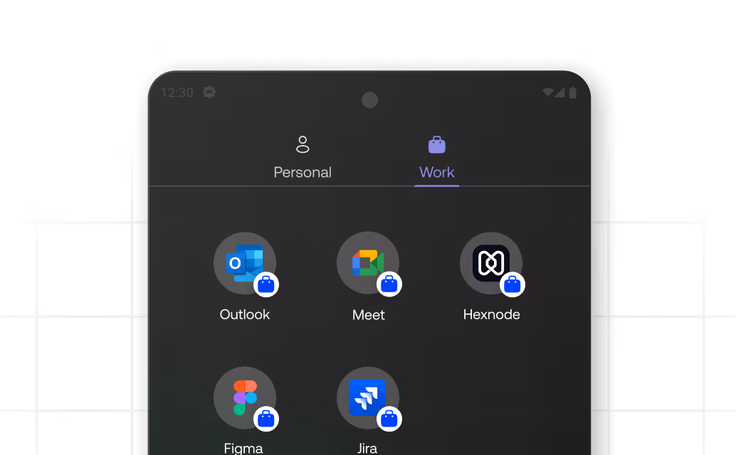 Android Profile Owner work profile containerization screen showing work-allocated applications designated with separate business secure badges.