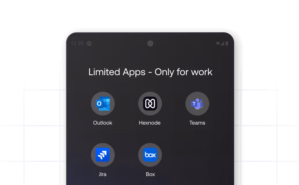 Android Device Owner mode interface displaying enterprise-restricted business applications on a fully managed, corporate-owned device.