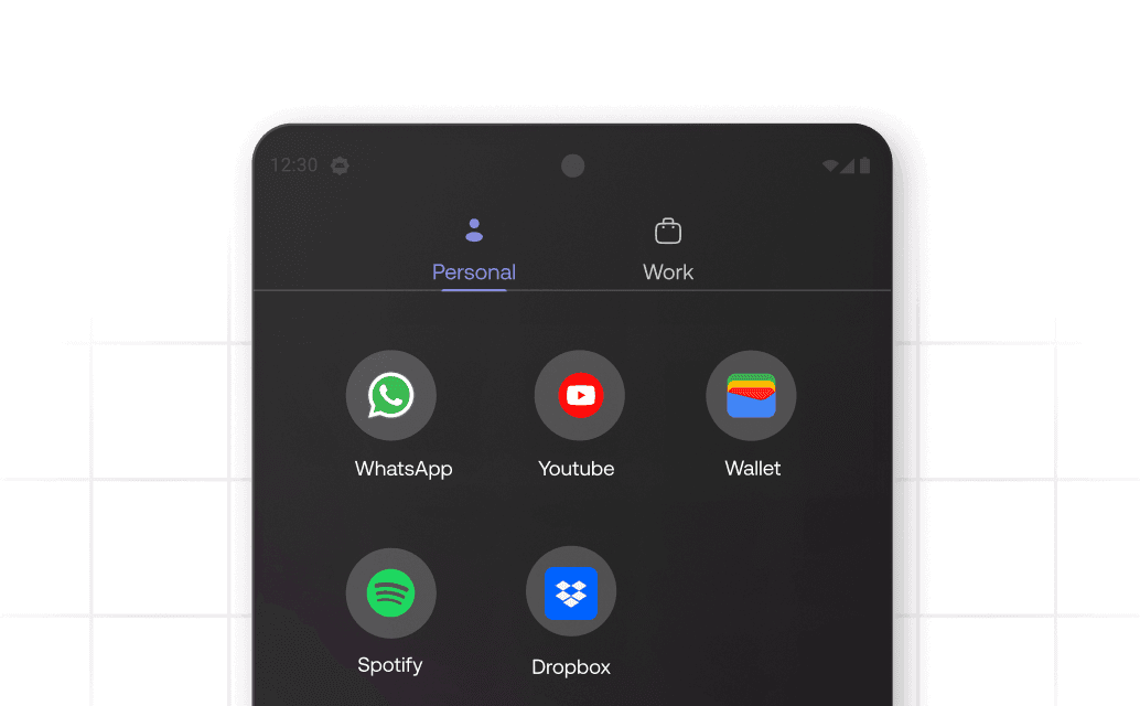 Android smartphone in COPE or WPCO deployment mode displaying containerized personal apps like WhatsApp and YouTube alongside a secure corporate work profile toggle for enterprise containerization.