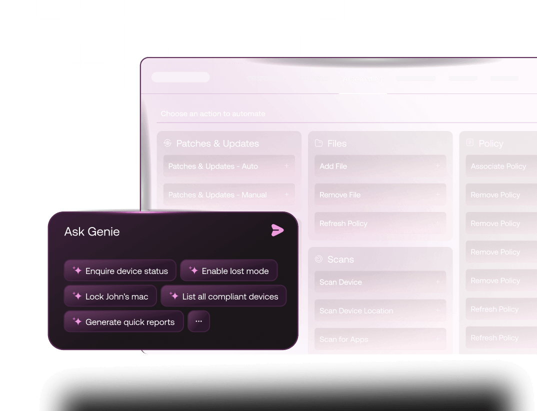Hexnode Genie AI script generation and UEM automation managing Apple device policies and patch deployments