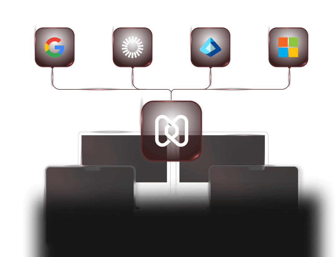 Hexnode UEM connecting to Google Workspace, Okta, Microsoft Entra ID and Microsoft 365 for Apple MDM compliance and AD integration