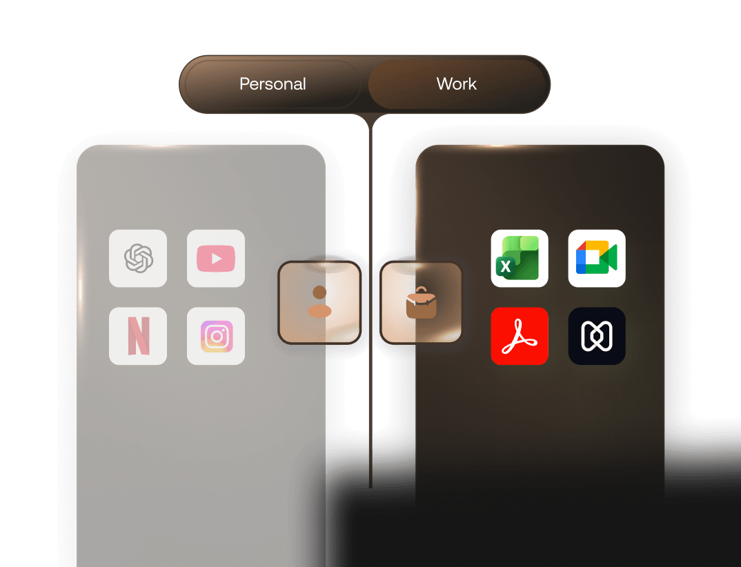 Hexnode Apple MDM corporate and BYOD device support showing work and personal data separation on a managed iPhone