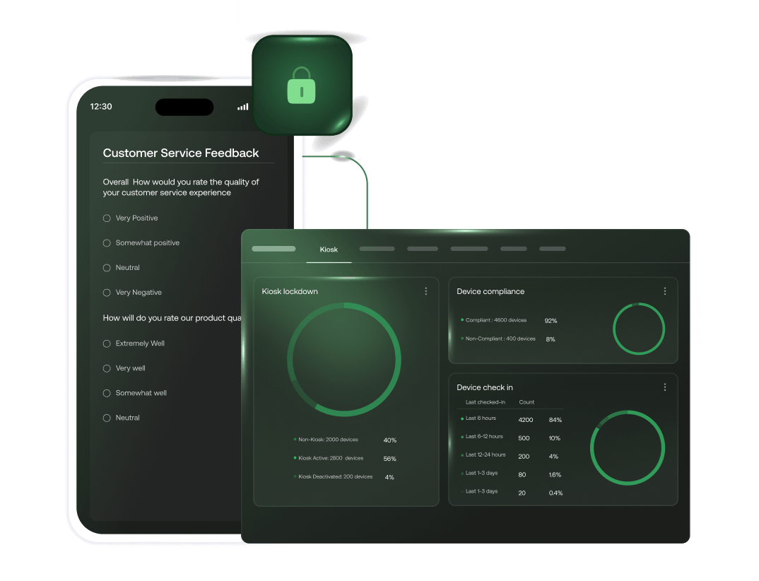 Hexnode Apple MDM kiosk lockdown restricting an iPad to a single app with device controls locked via the Hexnode console