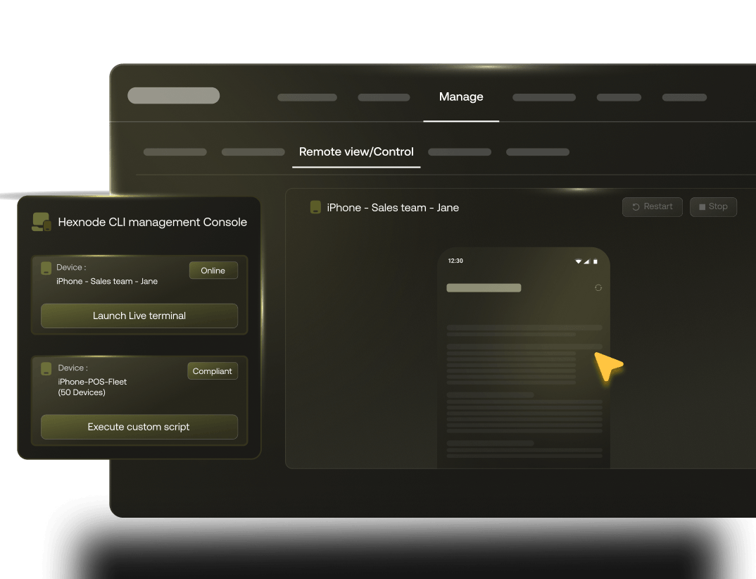 Hexnode management console showing real-time remote monitoring and troubleshooting capabilities.