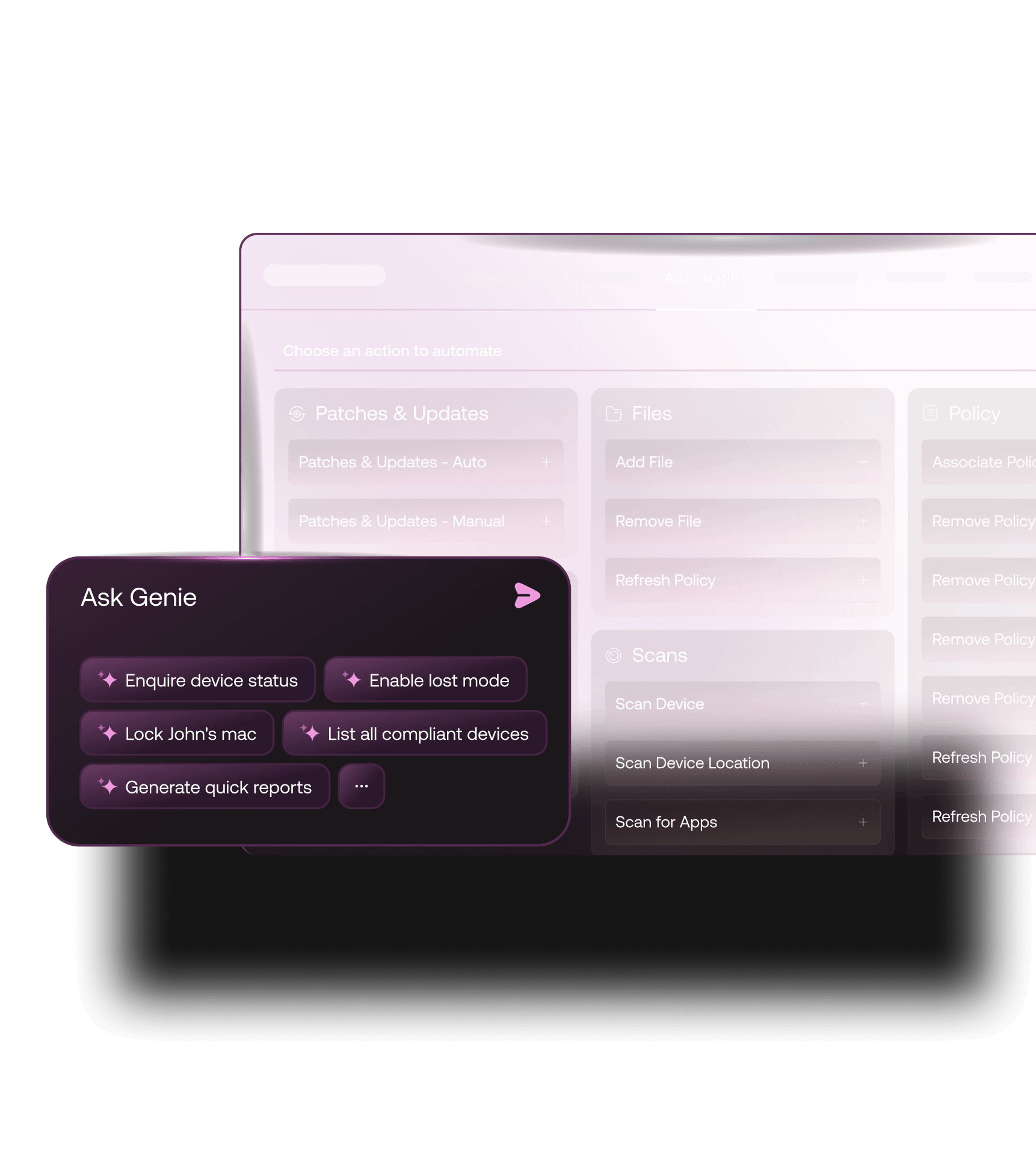 Hexnode Genie AI script generation and UEM automation managing Apple device policies and patch deployments