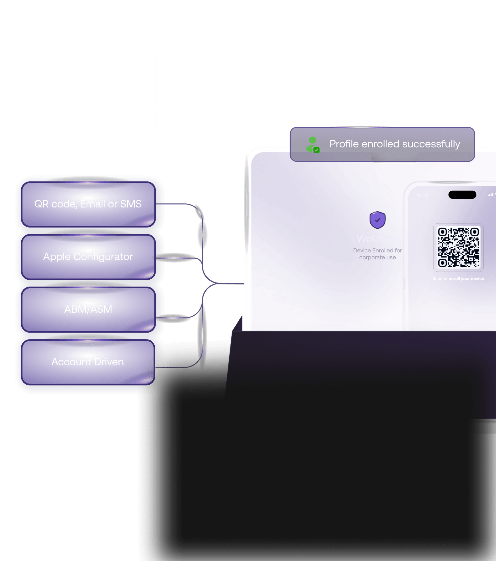 Hexnode Apple MDM multi-method enrollment showing zero-touch ADE deployment and data-wipe-free MDM migration via Hexnode Gateway