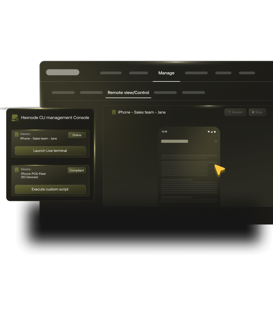 Hexnode management console showing real-time remote monitoring and troubleshooting capabilities.