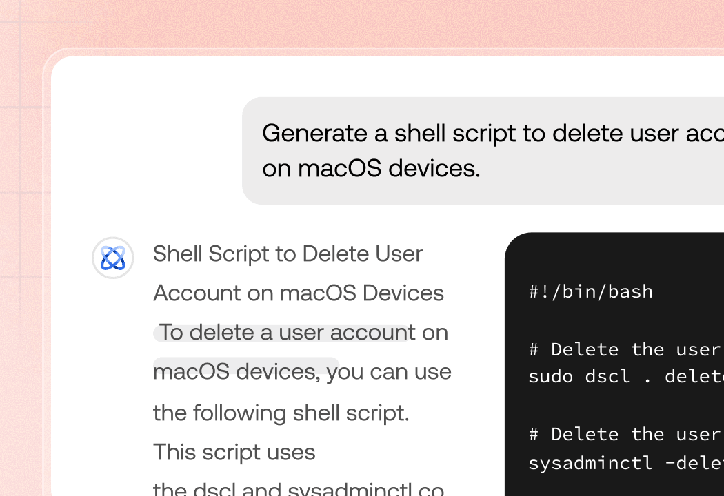 Hexnode Genie AI analyzing a failed Chrome install on a managed Mac and generating a diagnostic script via natural language prompt