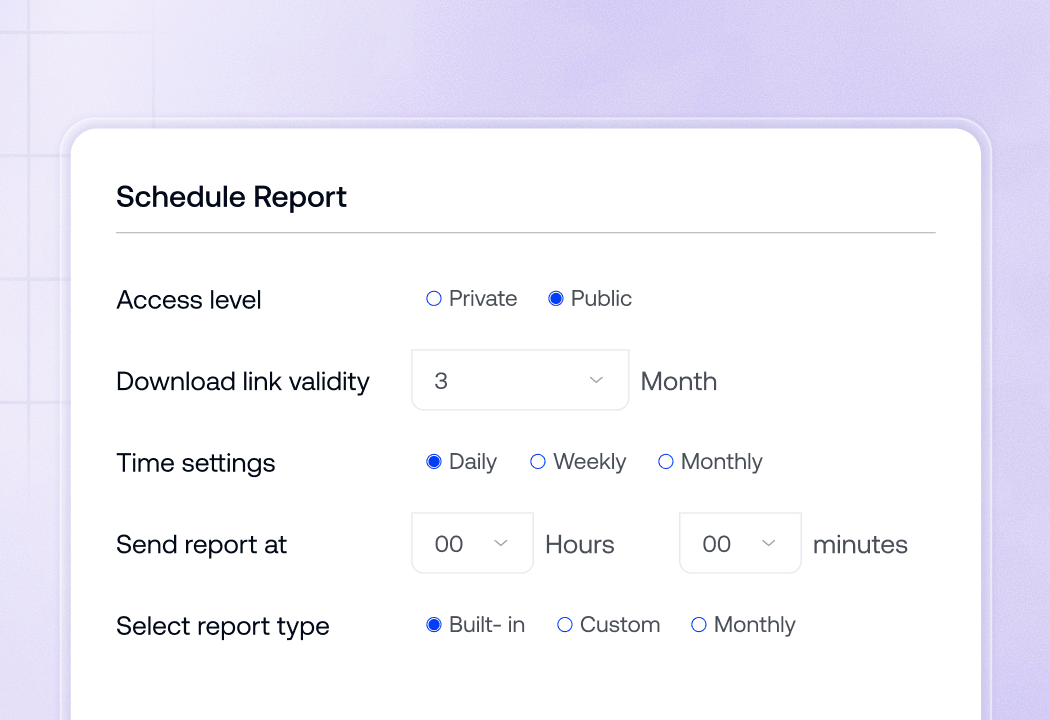 Hexnode UEM scheduled report configuration showing access level, delivery frequency and report type settings for Apple MDM fleet
