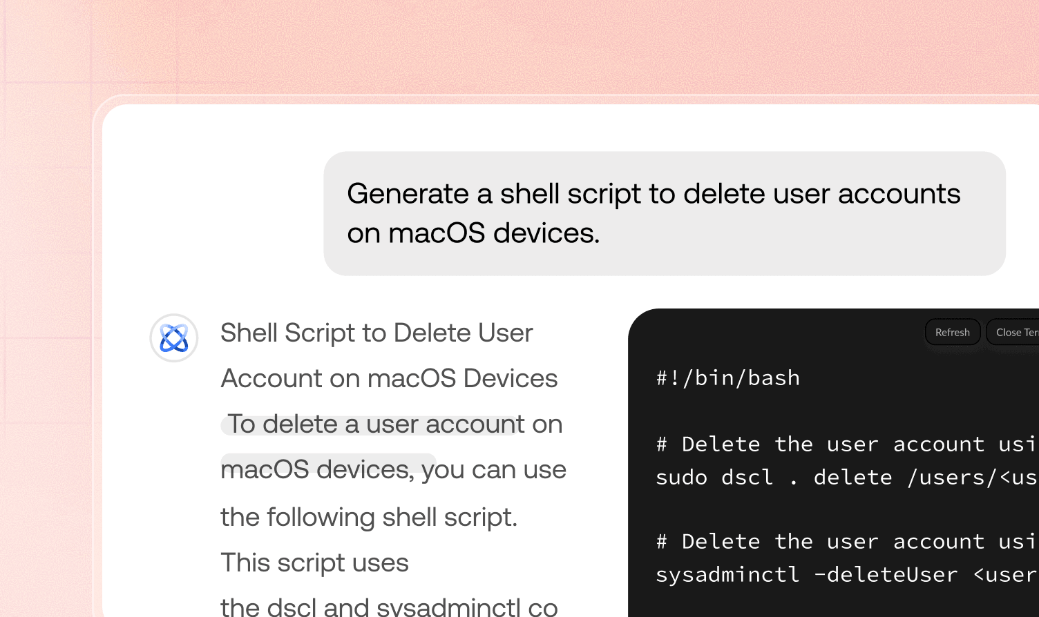 Hexnode Genie AI analyzing a failed Chrome install on a managed Mac and generating a diagnostic script via natural language prompt
