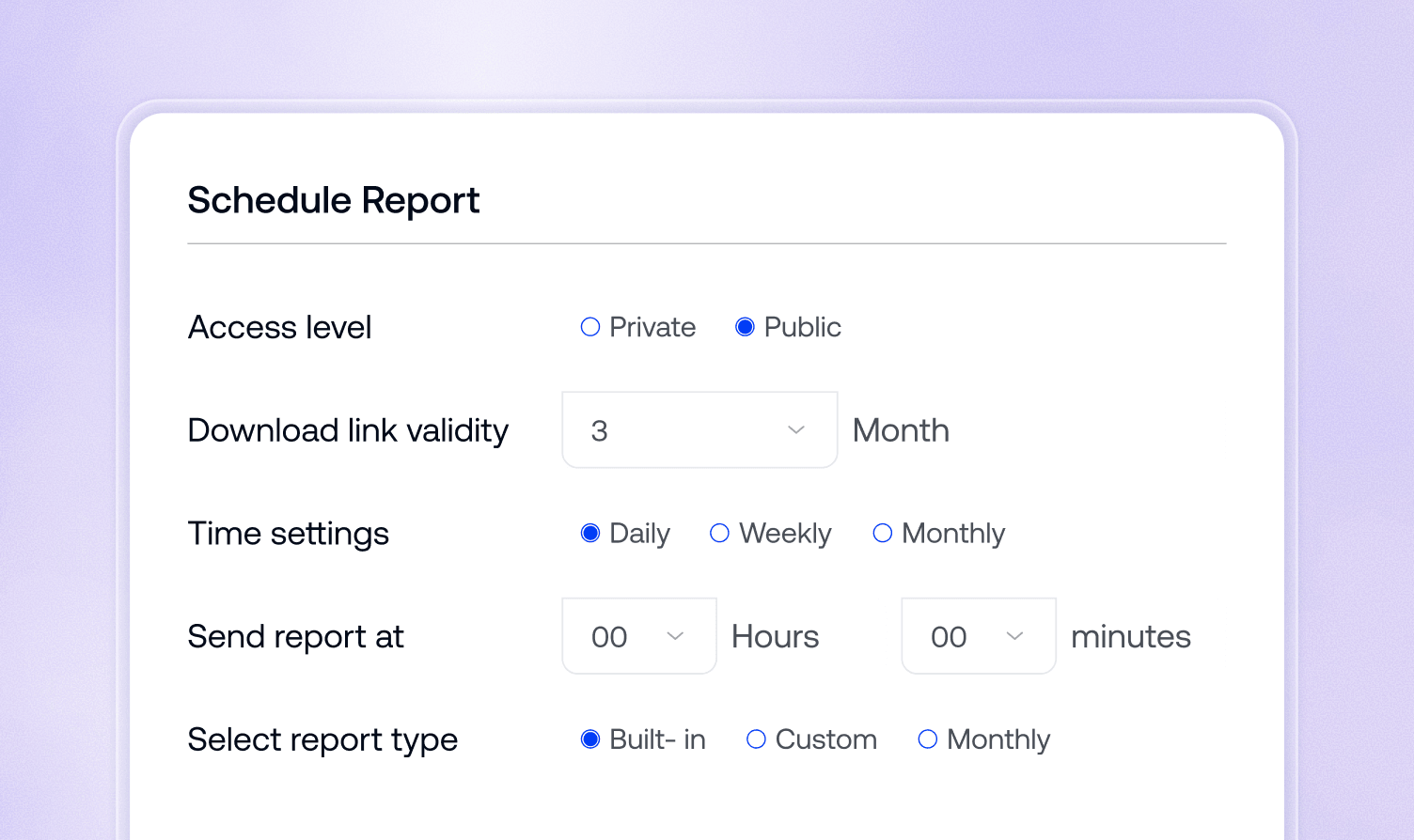 Hexnode UEM scheduled report configuration showing access level, delivery frequency and report type settings for Apple MDM fleet