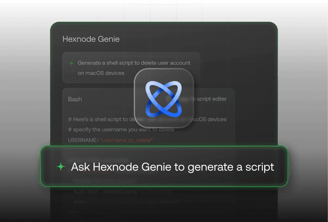 Graphic illustrating automated script generation with Hexnode Genie, showcasing simple prompt-based scripting for IT teams.