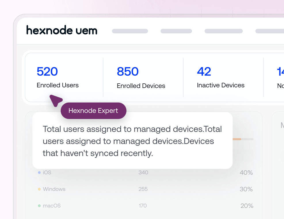 Hexnode Apple MDM expert-led product walkthrough demo showing Hexnode UEM device dashboard with dedicated solutions engineer