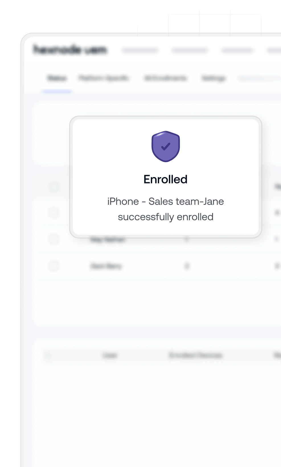 Hexnode Apple MDM free trial sign-up showing apple device enrollment success on the Hexnode UEM dashboard
