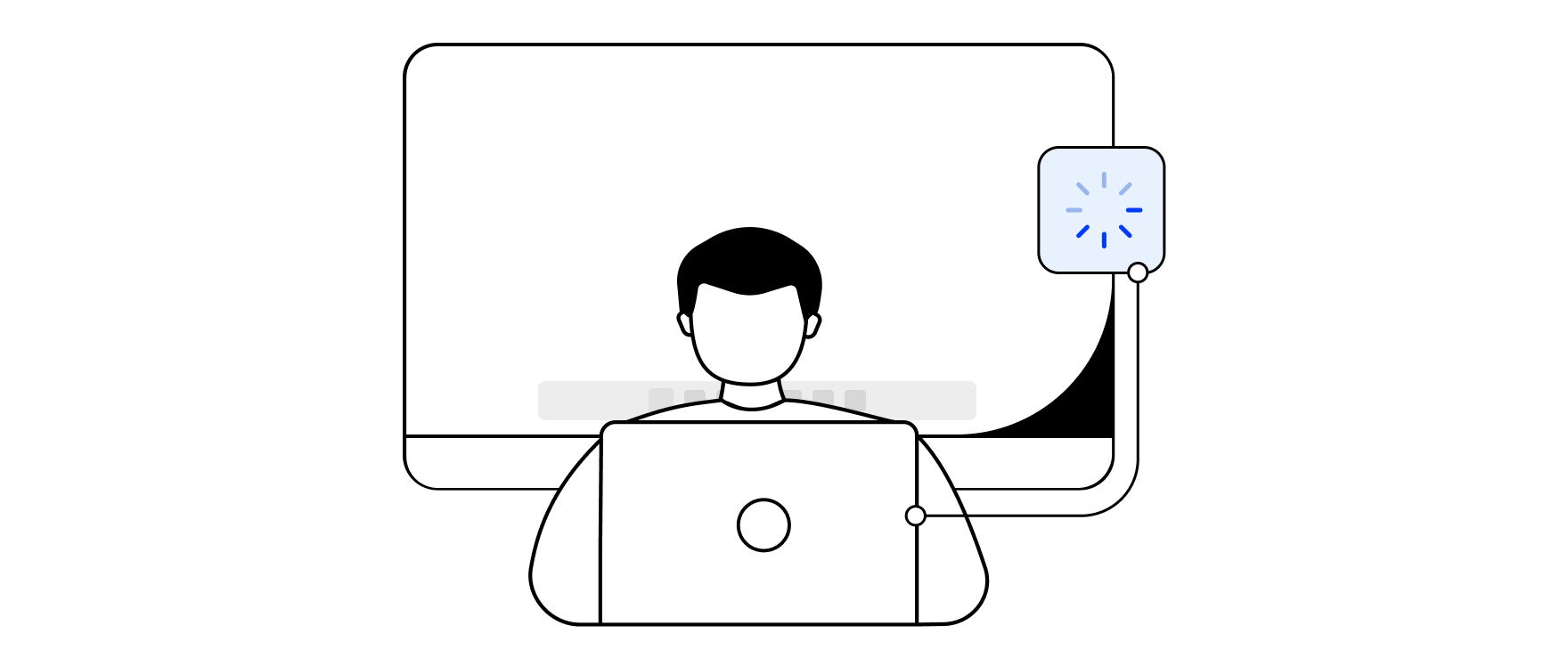 Person using a laptop connected to a monitor with a loading indicator, representing delays due to manual patching