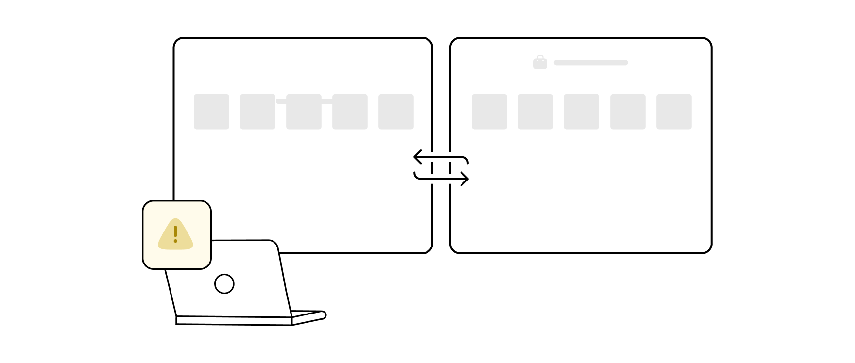 Illustration of two browser windows and a laptop with a warning icon, representing no work data containerization