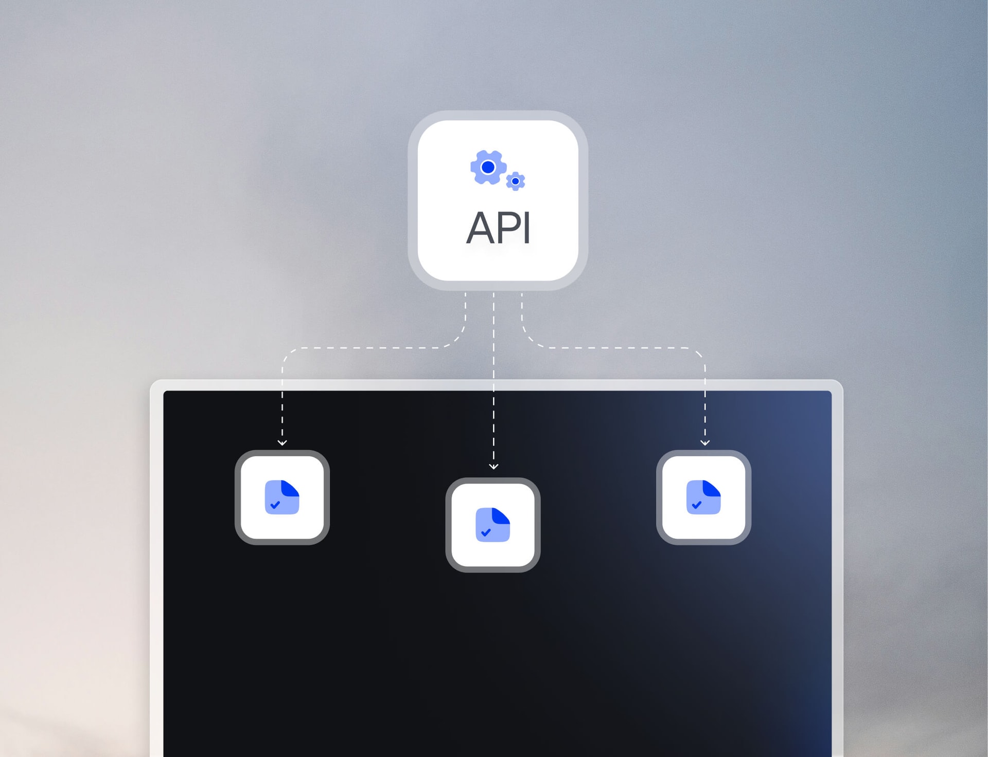 Illustration showing an API connected to multiple external systems to automate integrations and extend device management workflows.