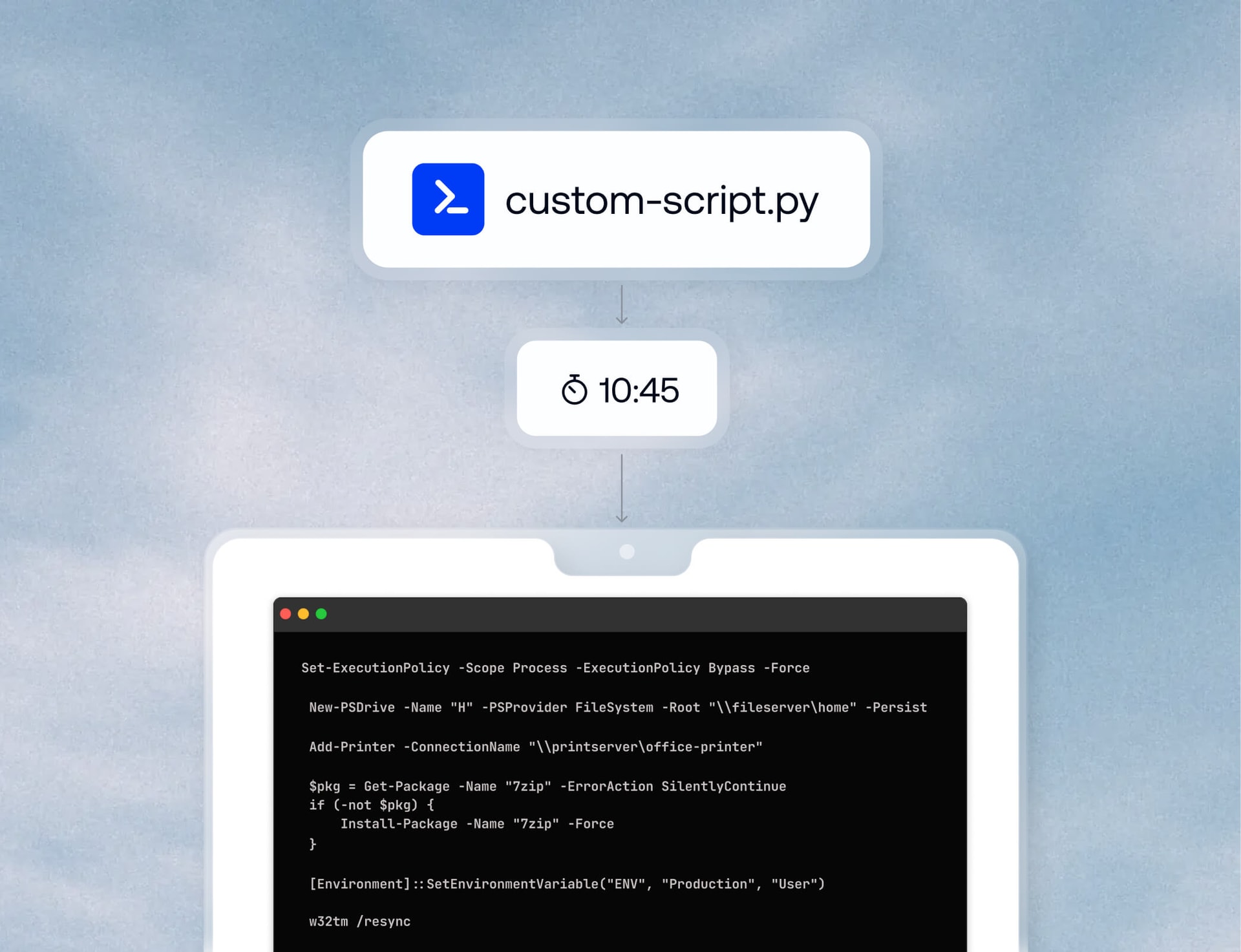 Interface showing a custom script scheduled to execute at a specified time as part of an automated deployment workflow.