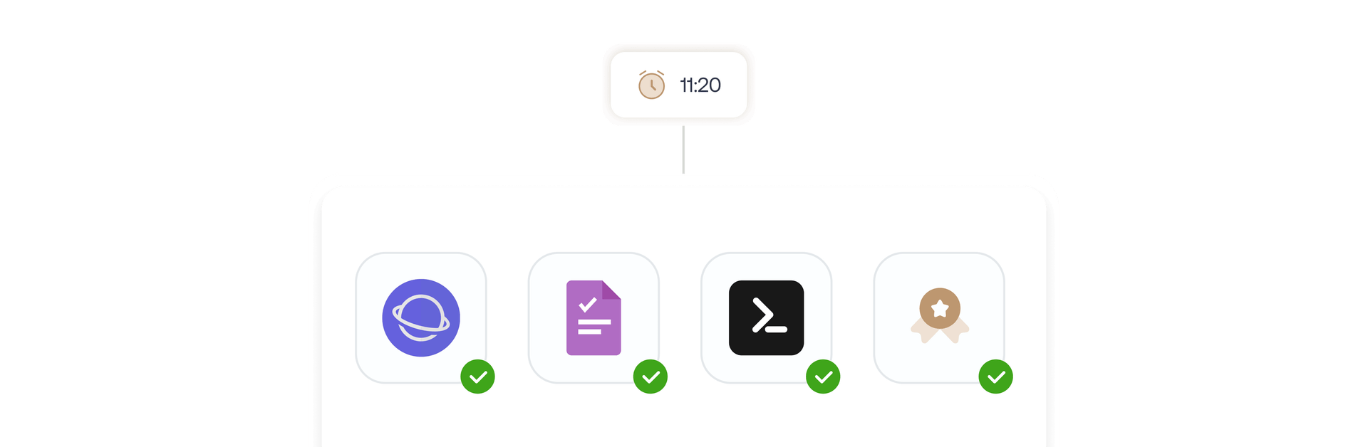 Interface showing scheduled deployment of applications, scripts and configurations with automated delivery status indicators across managed devices.