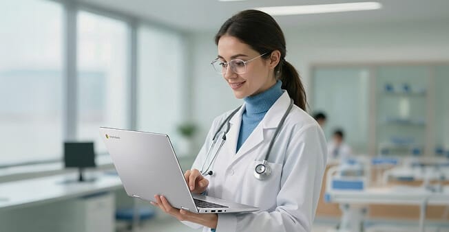 Doctor using a managed Chromebook secured with Hexnode ChromeOS device management and policy enforcement.