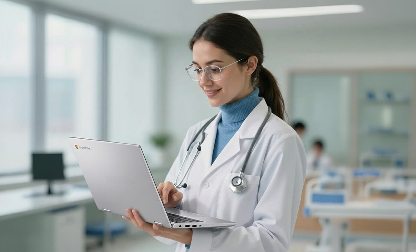Doctor using a managed Chromebook secured with Hexnode ChromeOS device management and policy enforcement.