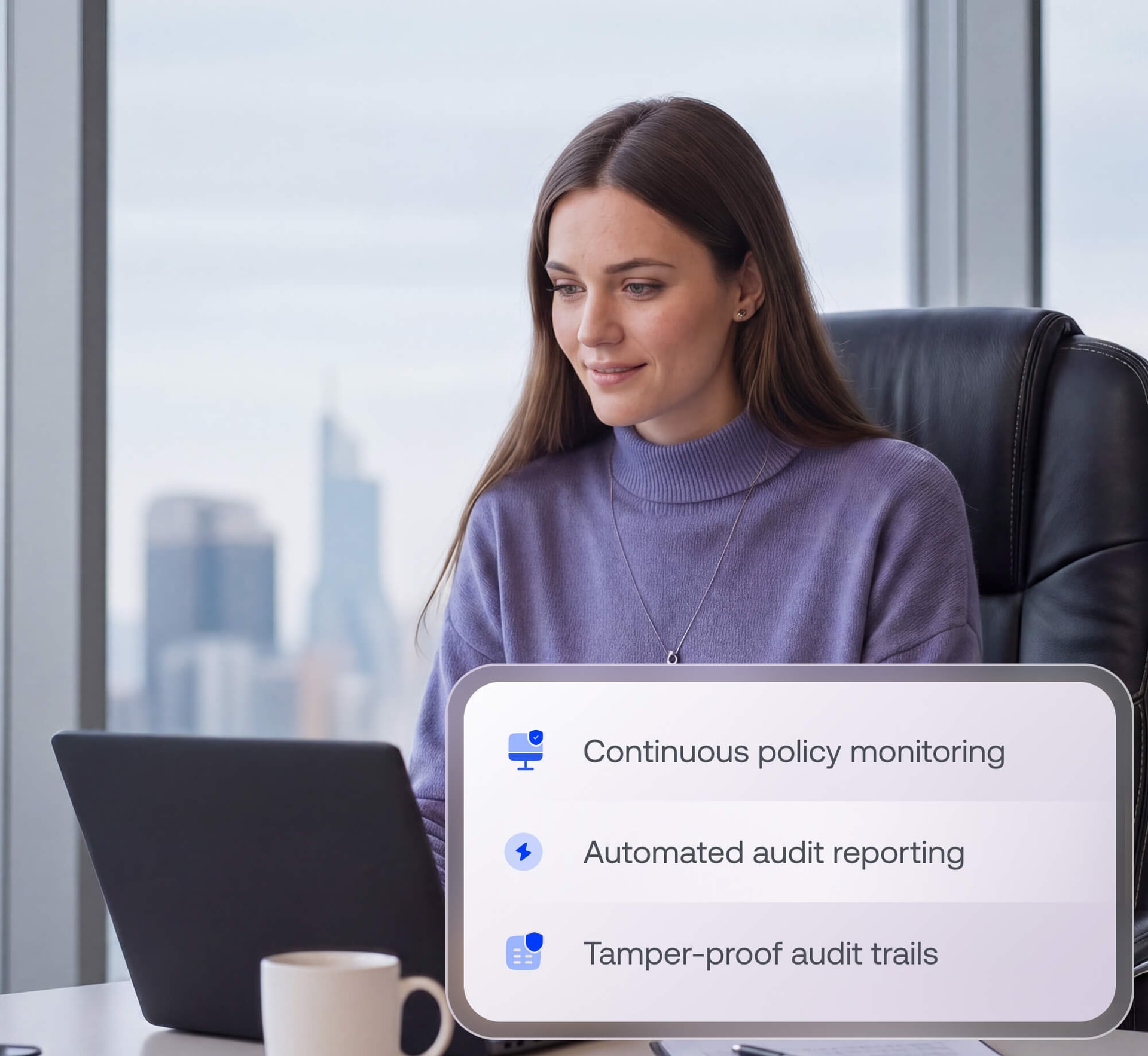 A professional woman sitting at a desk and working on a laptop, overlaid with a floating box displaying checkmarks for key benefits: continuous endpoint monitoring, automated compliance, and ready-made audit trails.