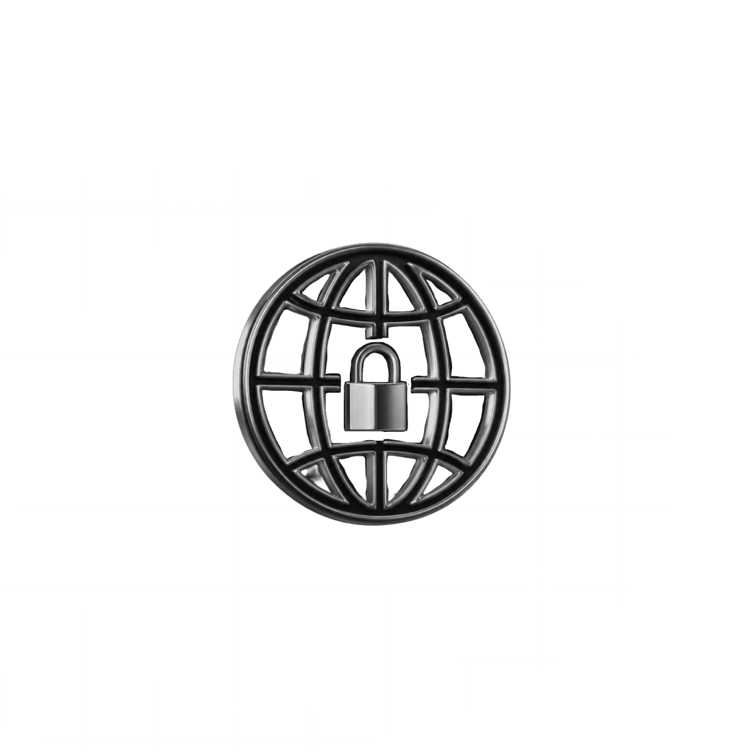 A silver wireframe globe icon featuring a padlock in the center.