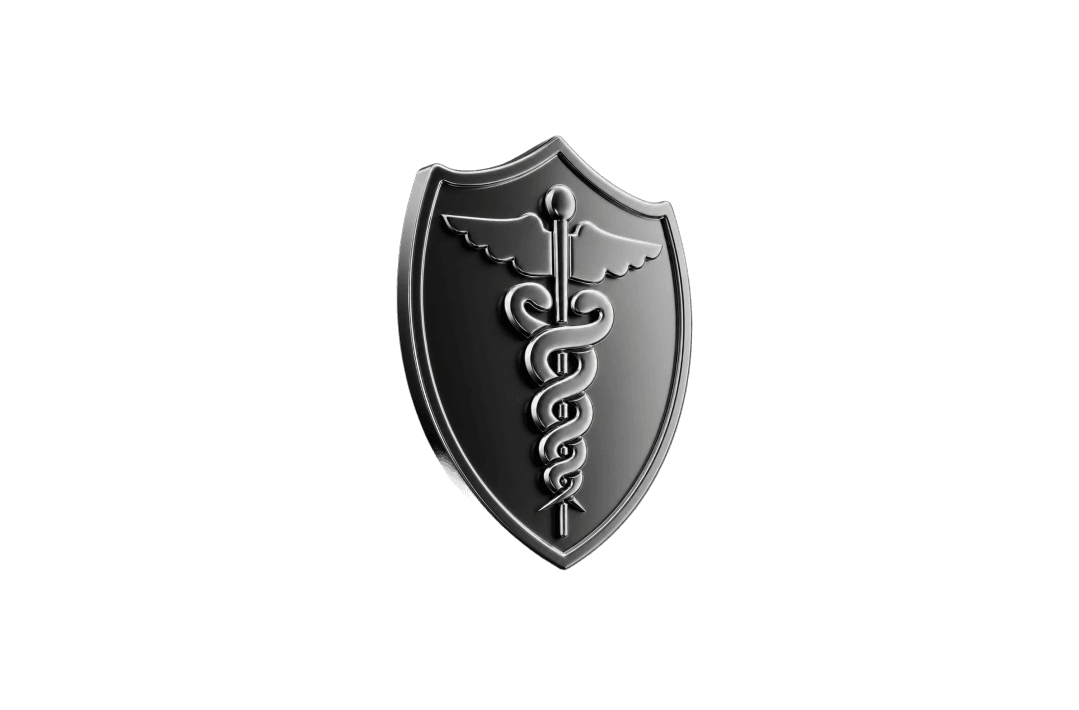 A silver shield icon featuring a raised medical caduceus symbol.