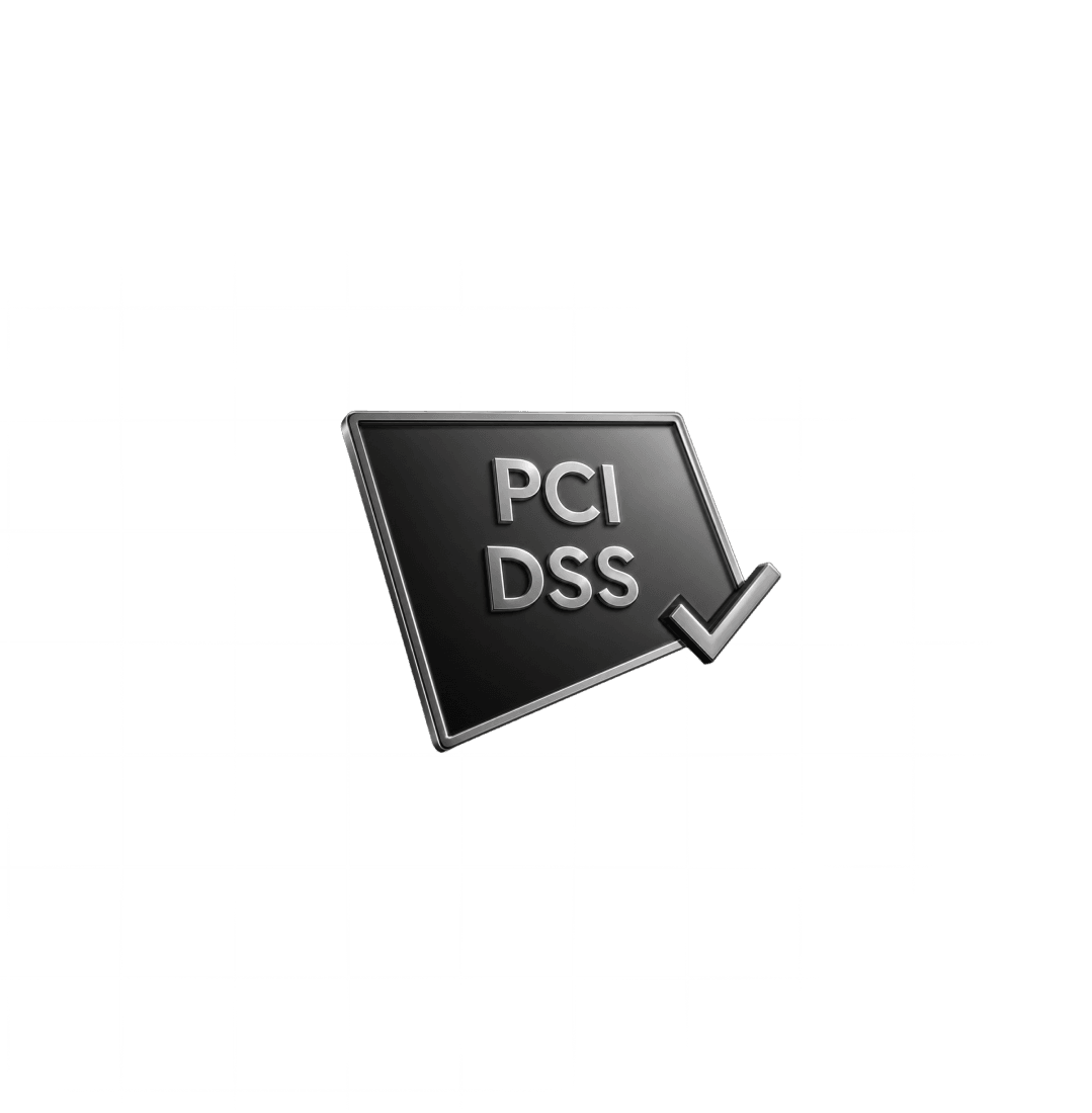 A tilted silver square badge displaying the text PCI DSS with a checkmark on the bottom right corner.