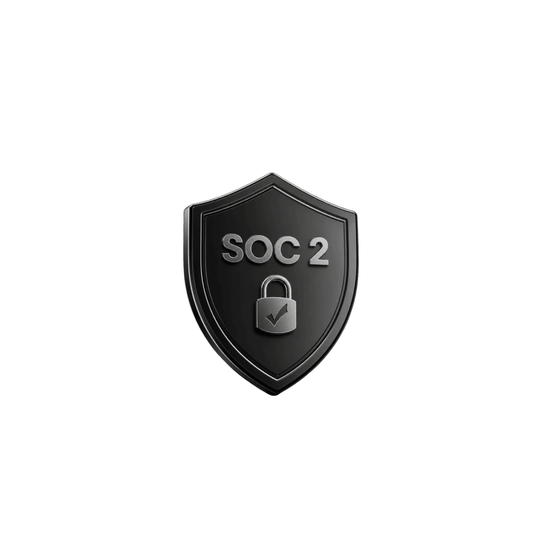 A silver shield icon containing a padlock symbol and the text SOC 2