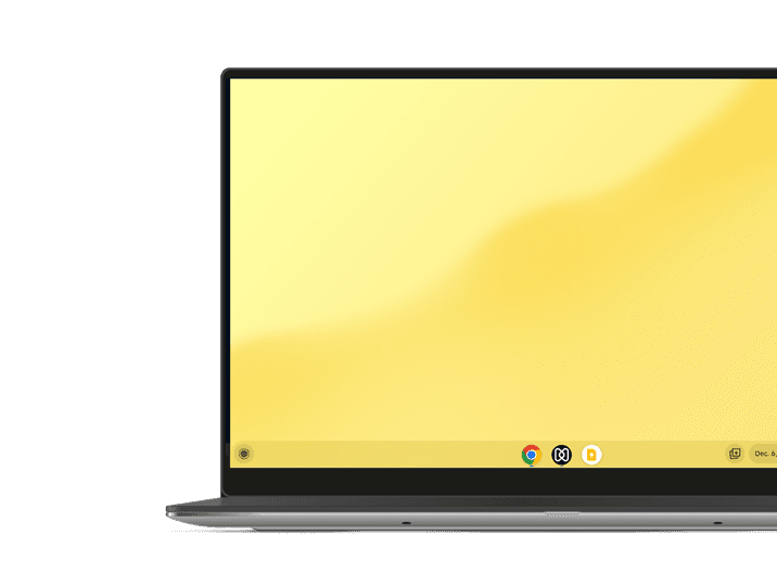 Close-up of a laptop displaying the ChromeOS desktop with a bright yellow background.