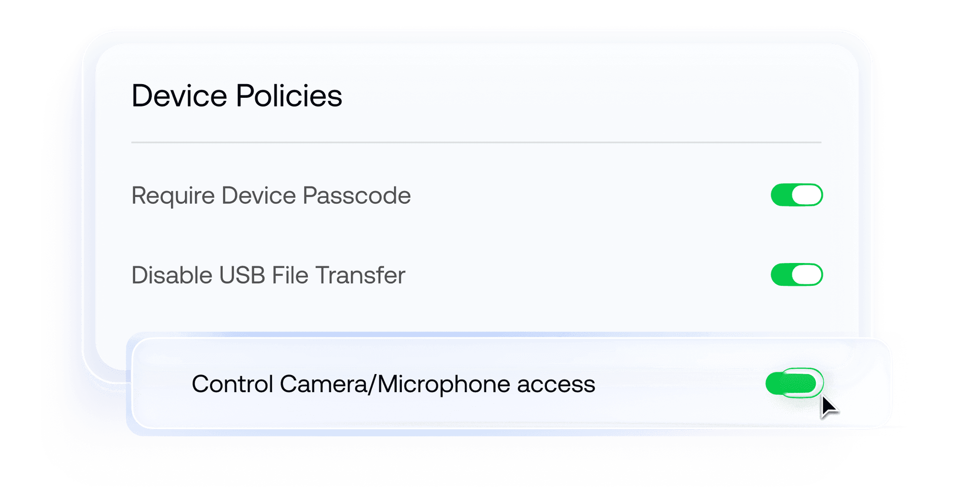 Hexnode device policy panel enforcing passcode, camera, and USB restrictions during device provisioning.