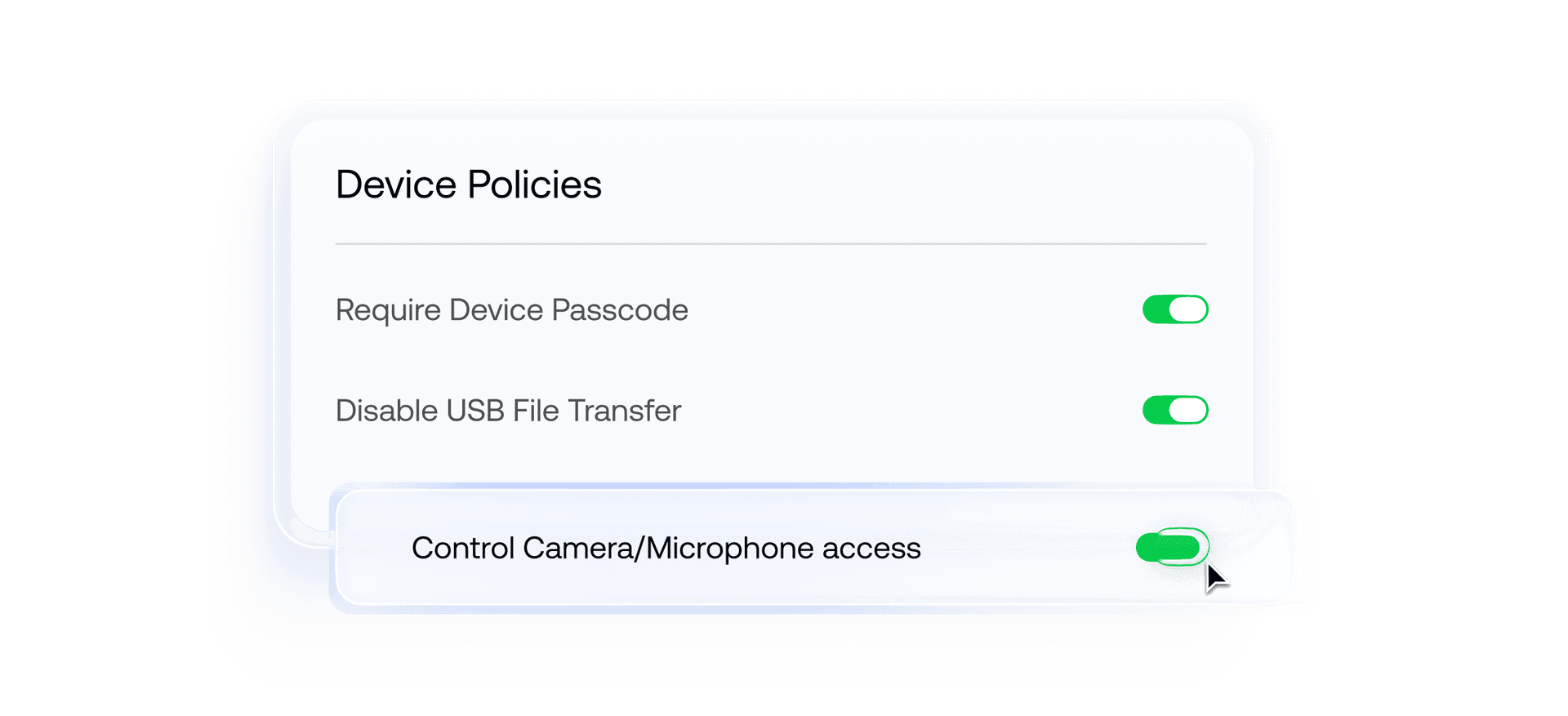 Hexnode device policy panel enforcing passcode, camera, and USB restrictions during device provisioning.