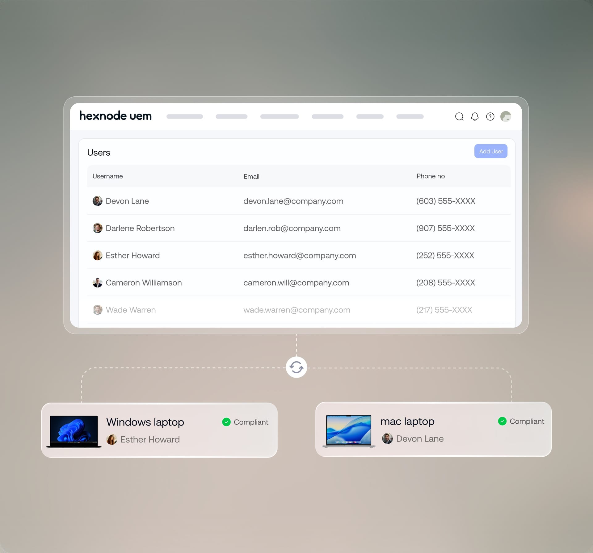 Hexnode UEM console syncing local user accounts to compliant Windows and Mac laptops for consistent access.