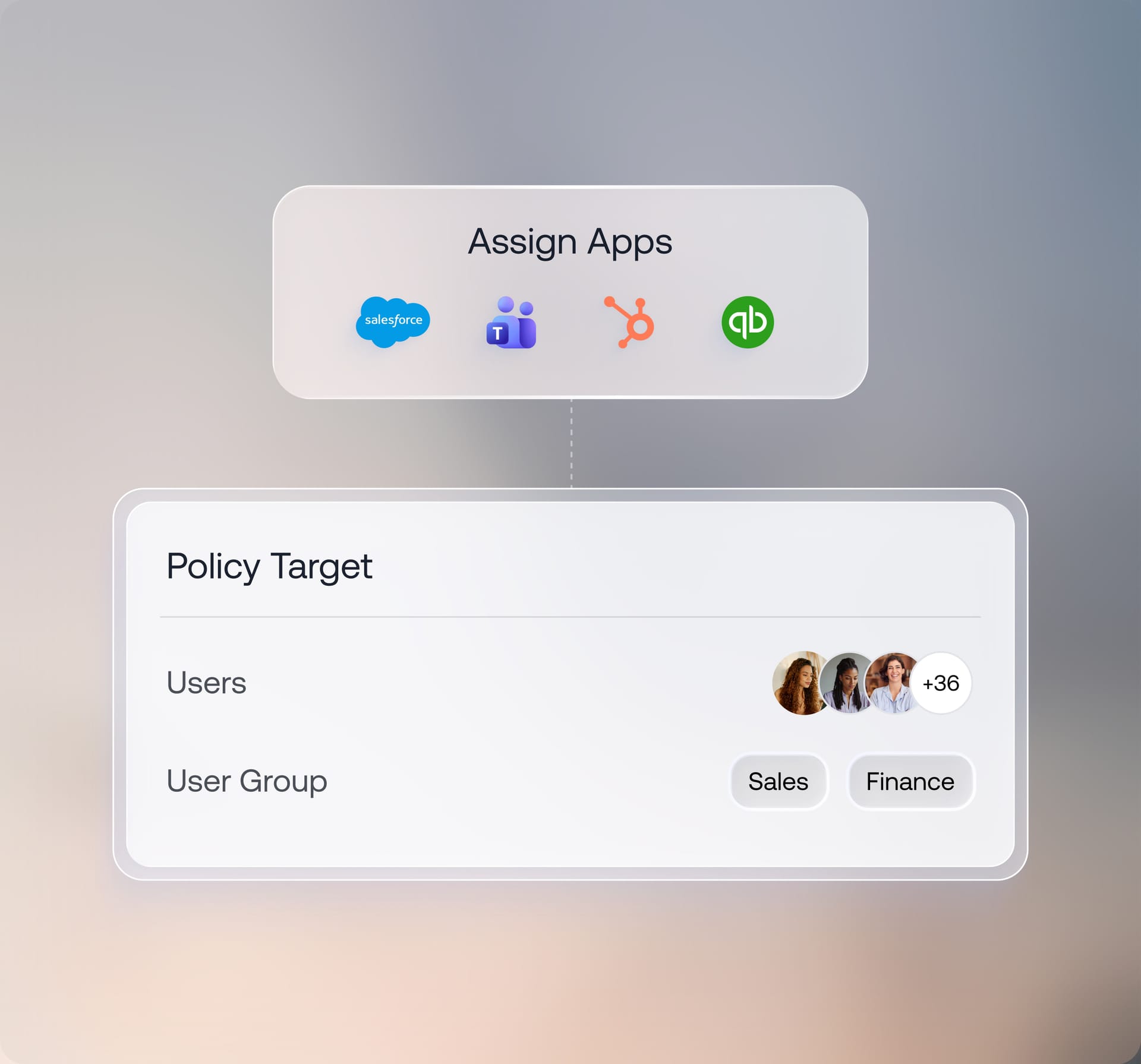 Apps like Salesforce and Teams assigned to users and groups by role, illustrating role-based user provisioning in Hexnode.