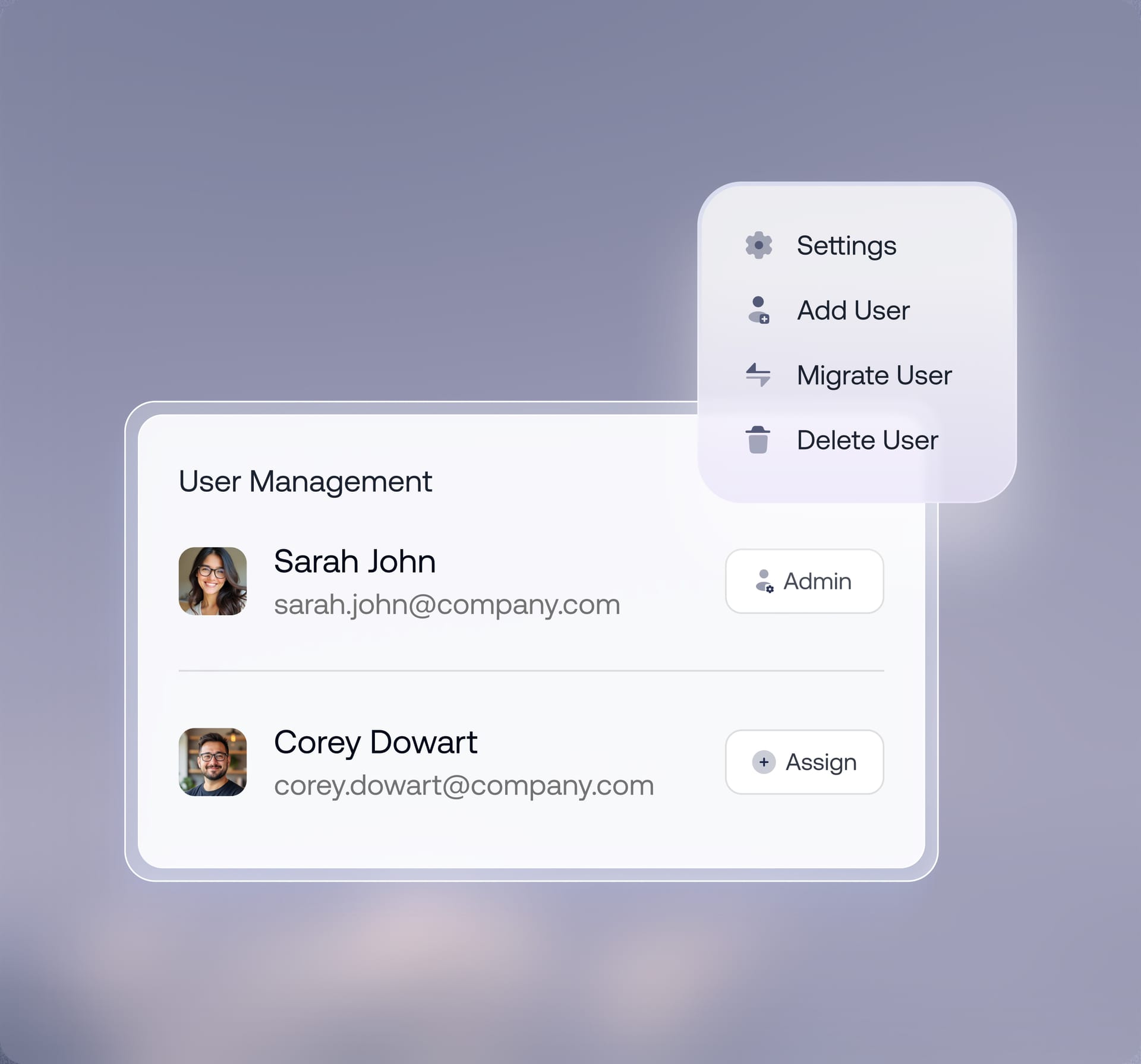 Hexnode user management panel with add, migrate, and delete options for automated user lifecycle provisioning.
