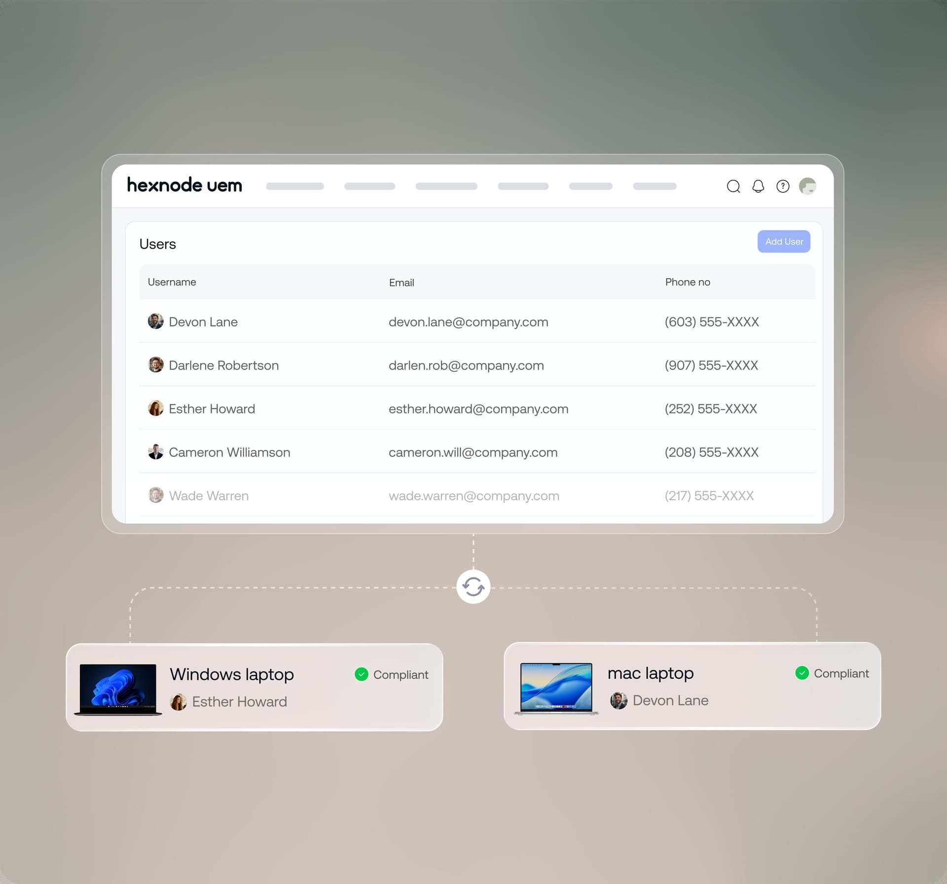 Hexnode UEM console syncing local user accounts to compliant Windows and Mac laptops for consistent access.