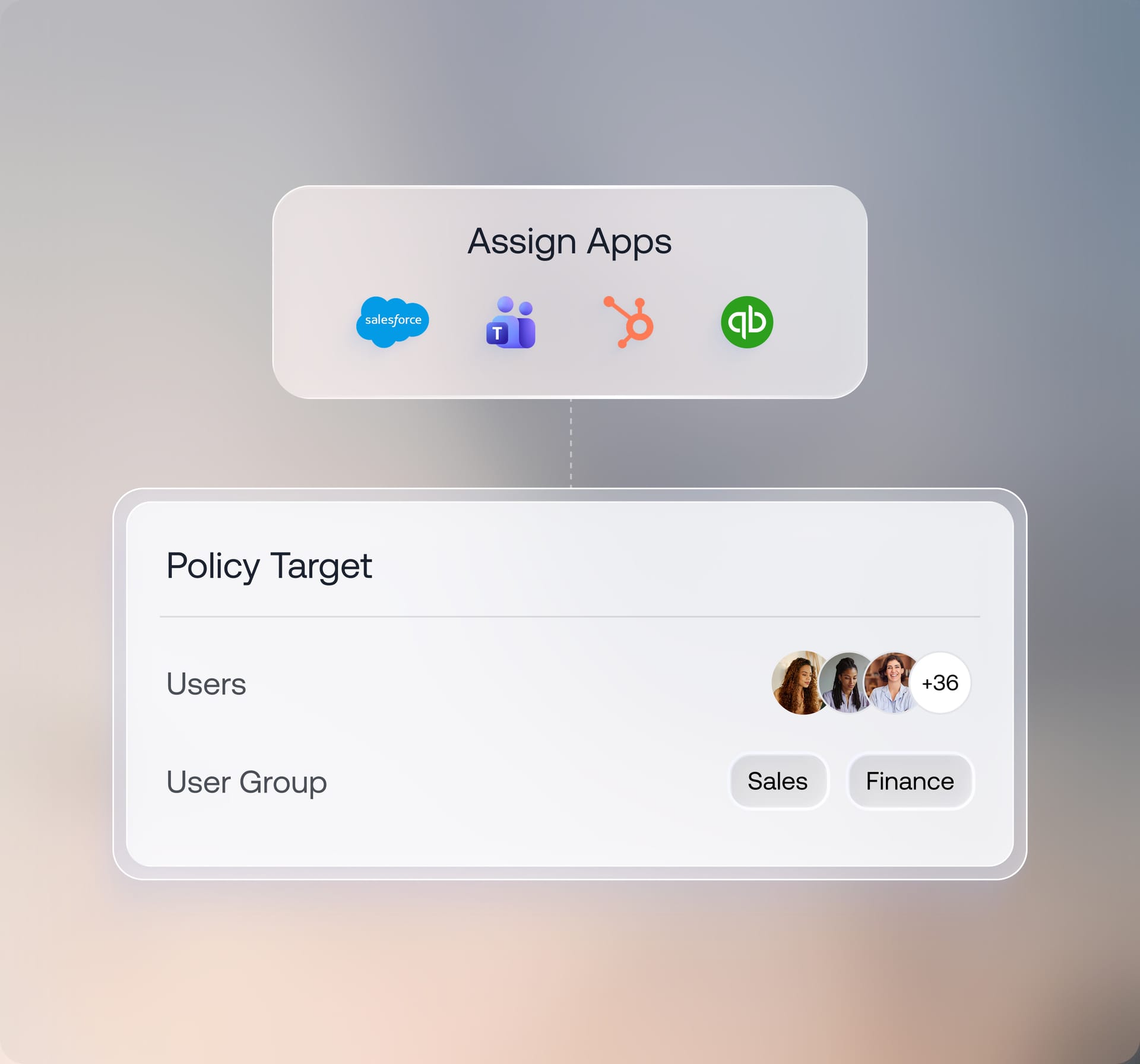 Apps like Salesforce and Teams assigned to users and groups by role, illustrating role-based user provisioning in Hexnode.