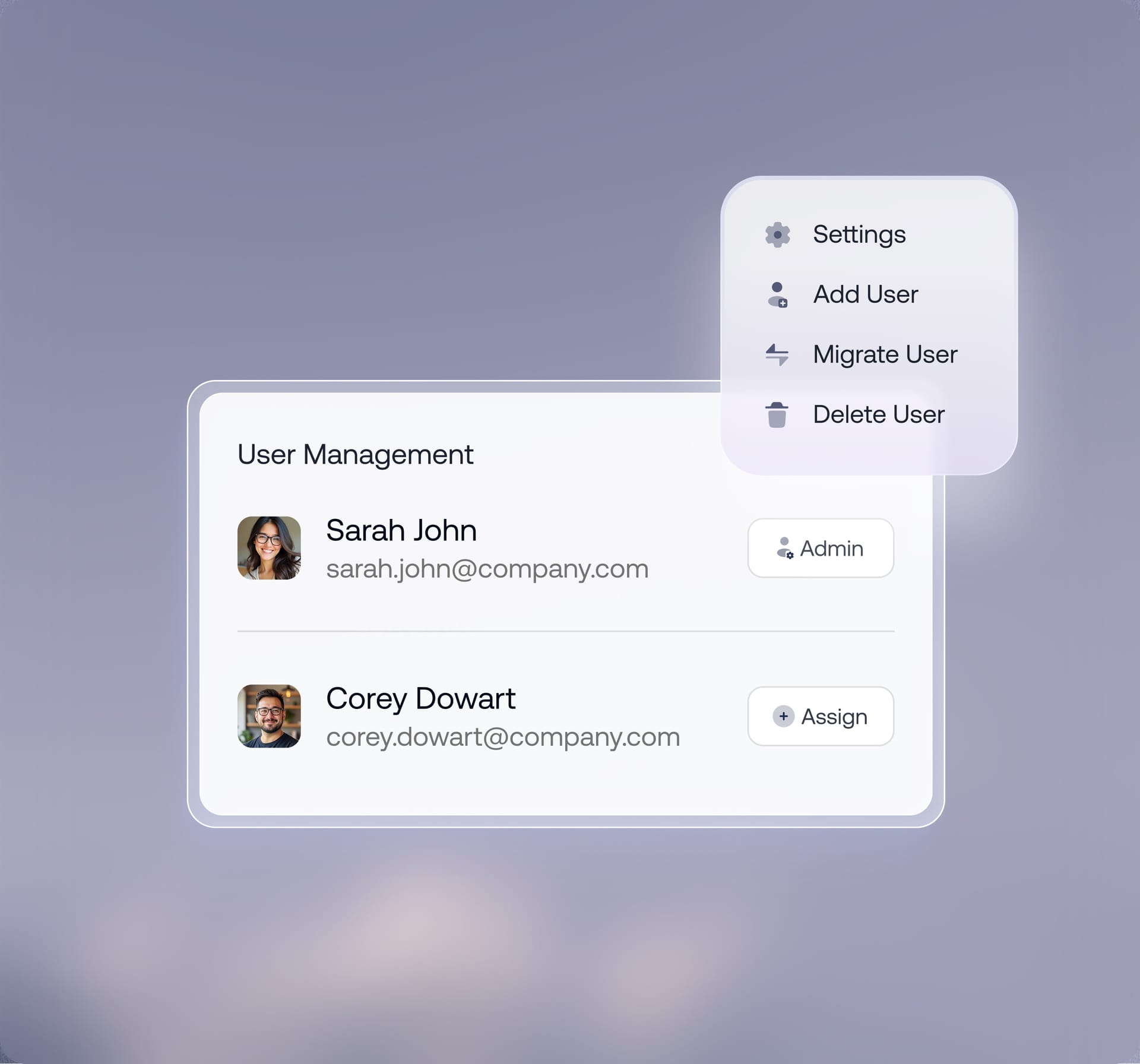 Hexnode user management panel with add, migrate, and delete options for automated user lifecycle provisioning.