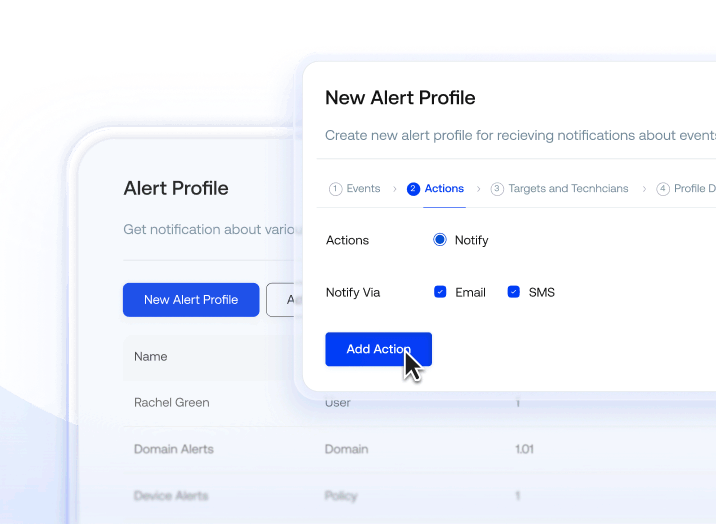 A user interface showing the "New Alert Profile" setup screen, with options selected to notify via email and SMS.