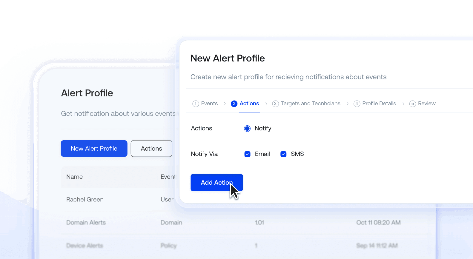 A user interface showing the "New Alert Profile" setup screen, with options selected to notify via email and SMS.