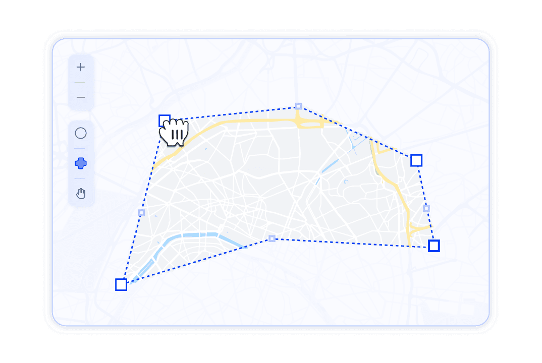 A map graphic showing a custom polygonal geofence boundary drawn around a specific area.