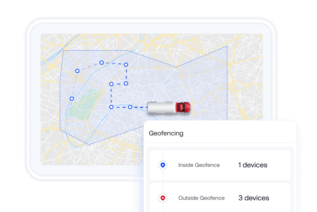A map illustration displaying a location pin and a dotted path representing live device tracking.