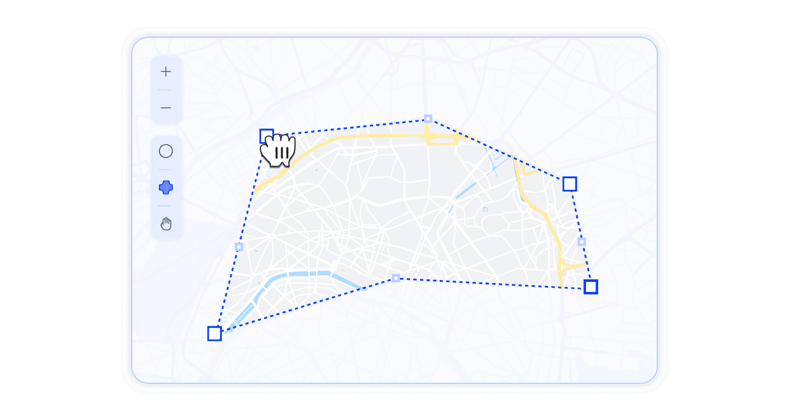 A map graphic showing a custom polygonal geofence boundary drawn around a specific area.