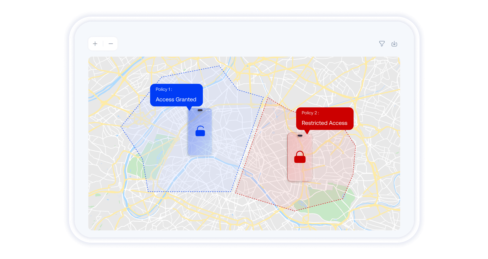 An illustration showing seamless policy movement between a blue secure zone and a red restricted zone.