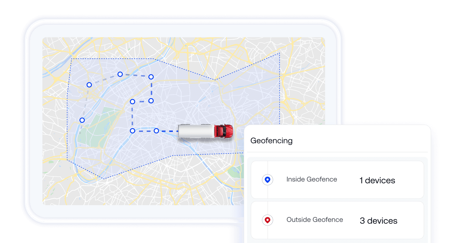 A map illustration displaying a location pin and a dotted path representing live device tracking.