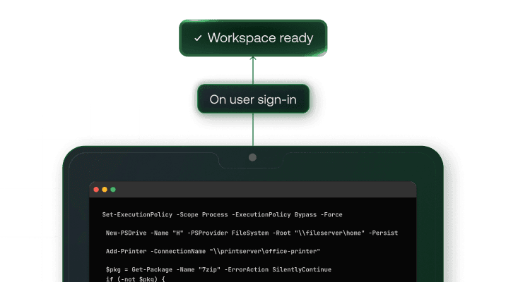 Login automation interface showing scripts preparing workspace during user sign-in