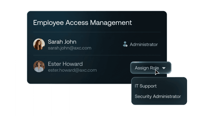 Employee access management interface with role assignment options for device access